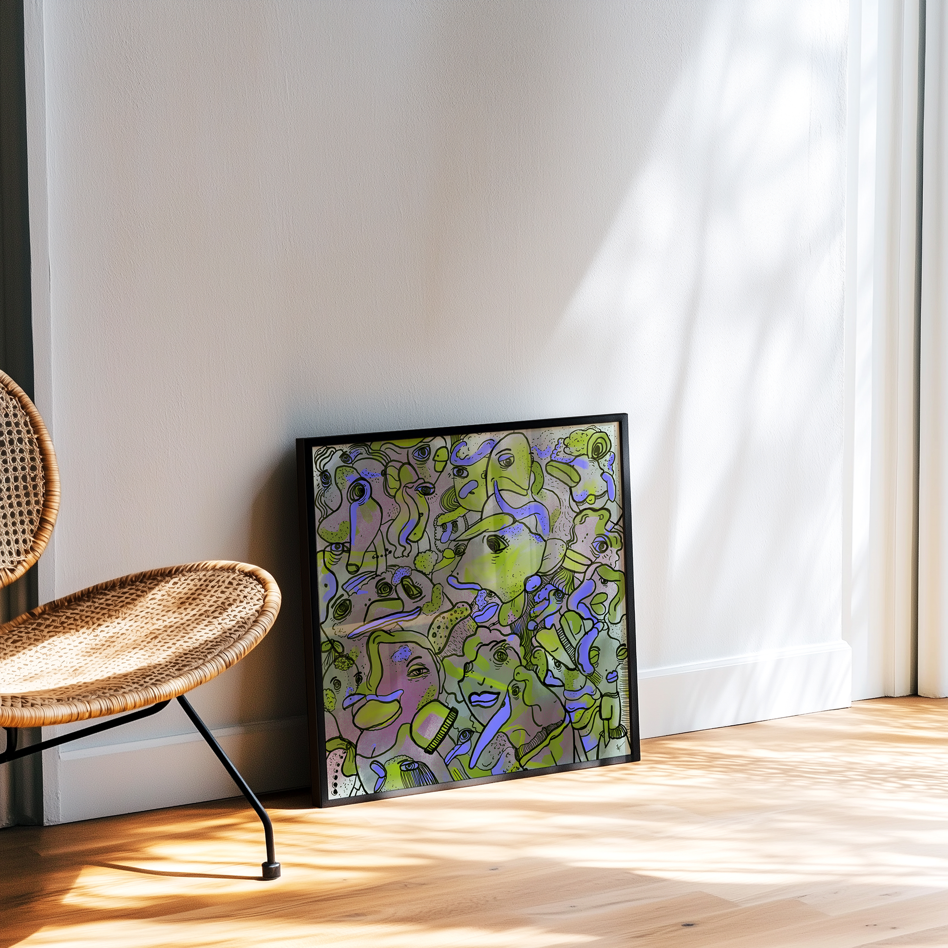 Abstract digital art print with vibrant purple and green, organic patterns and faces expressing different emotions in a black frame. Made by Studio Thicia Luiza