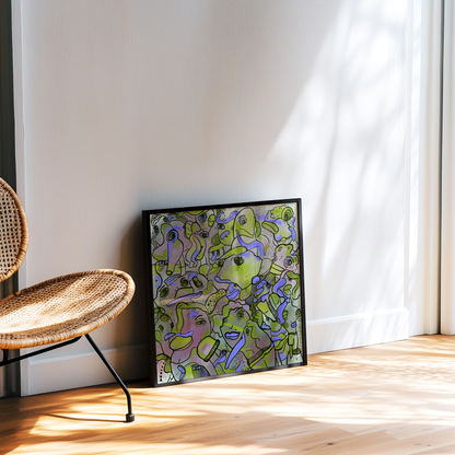 Abstract digital art print with vibrant purple and green, organic patterns and faces expressing different emotions in a black frame. Made by Studio Thicia Luiza