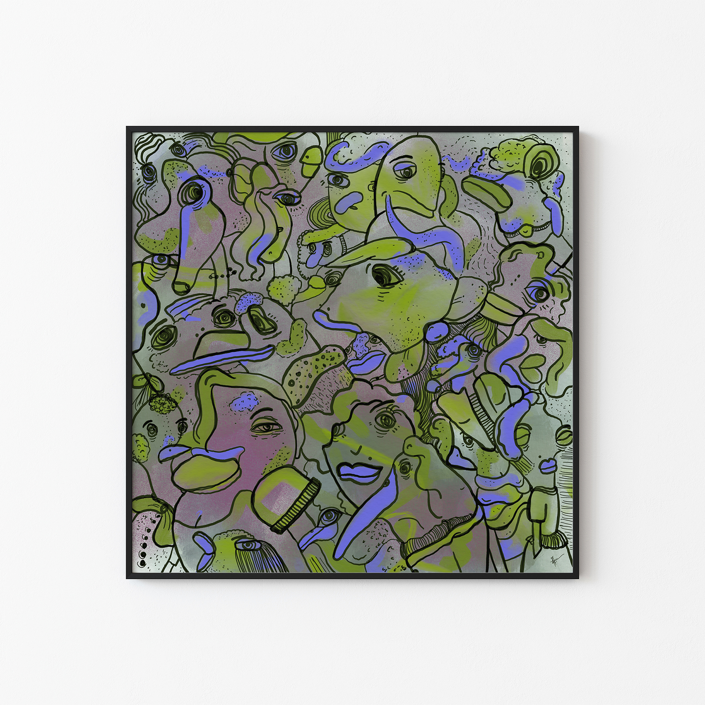 Abstract digital art print with vibrant purple and green, organic patterns and faces expressing different emotions in a black frame. Made by Studio Thicia Luiza