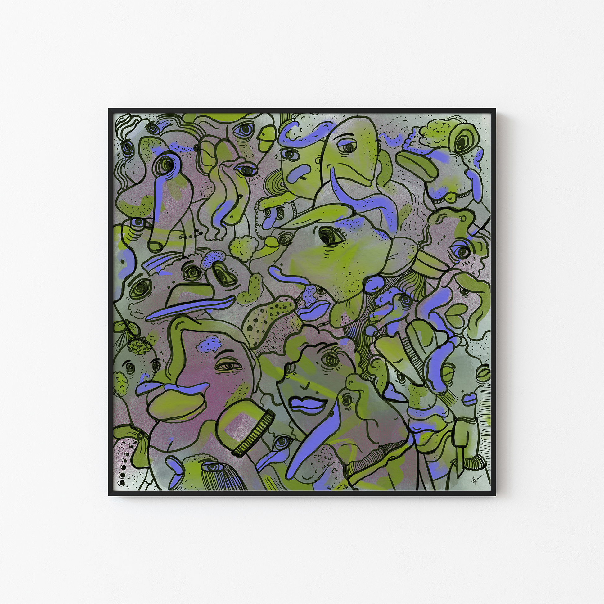 Abstract digital art print with vibrant purple and green, organic patterns and faces expressing different emotions in a black frame. Made by Studio Thicia Luiza