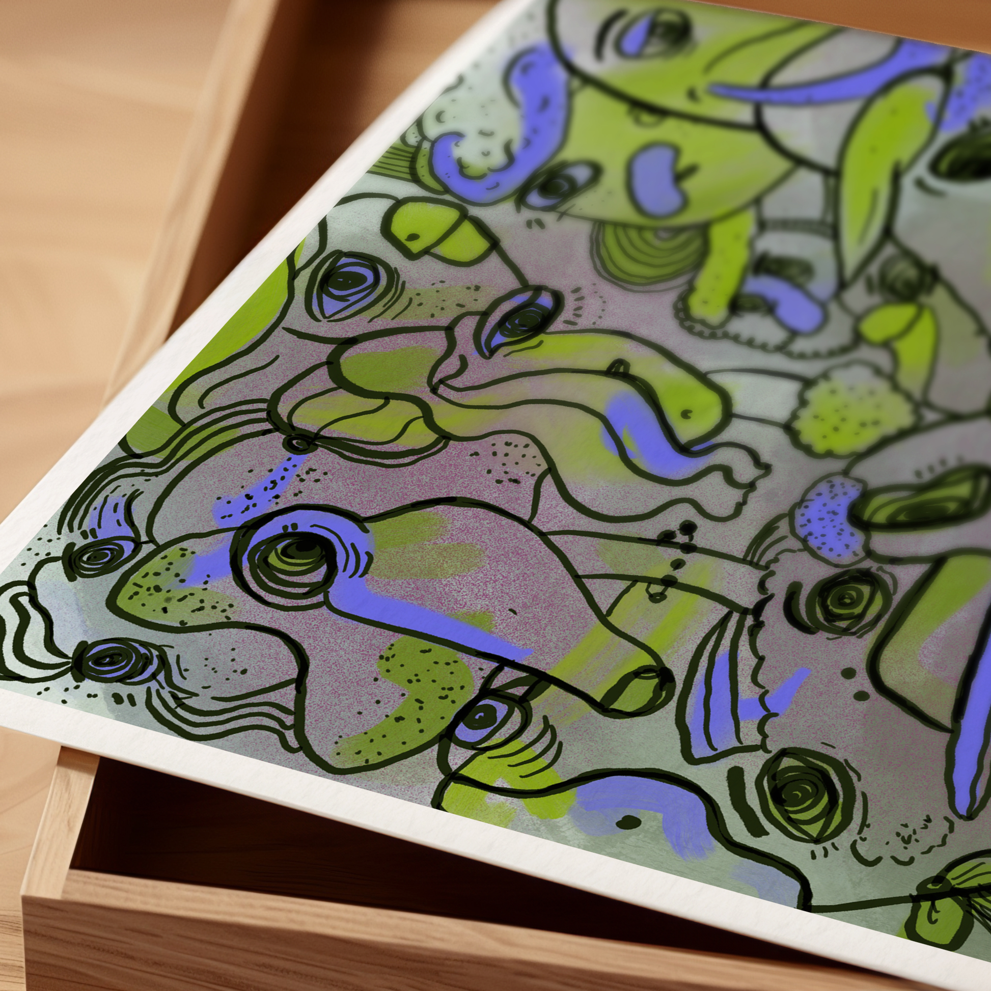 Abstract digital art print with vibrant purple and green, organic patterns and faces expressing different emotions. Sample of art print. Made by Studio Thicia Luiza