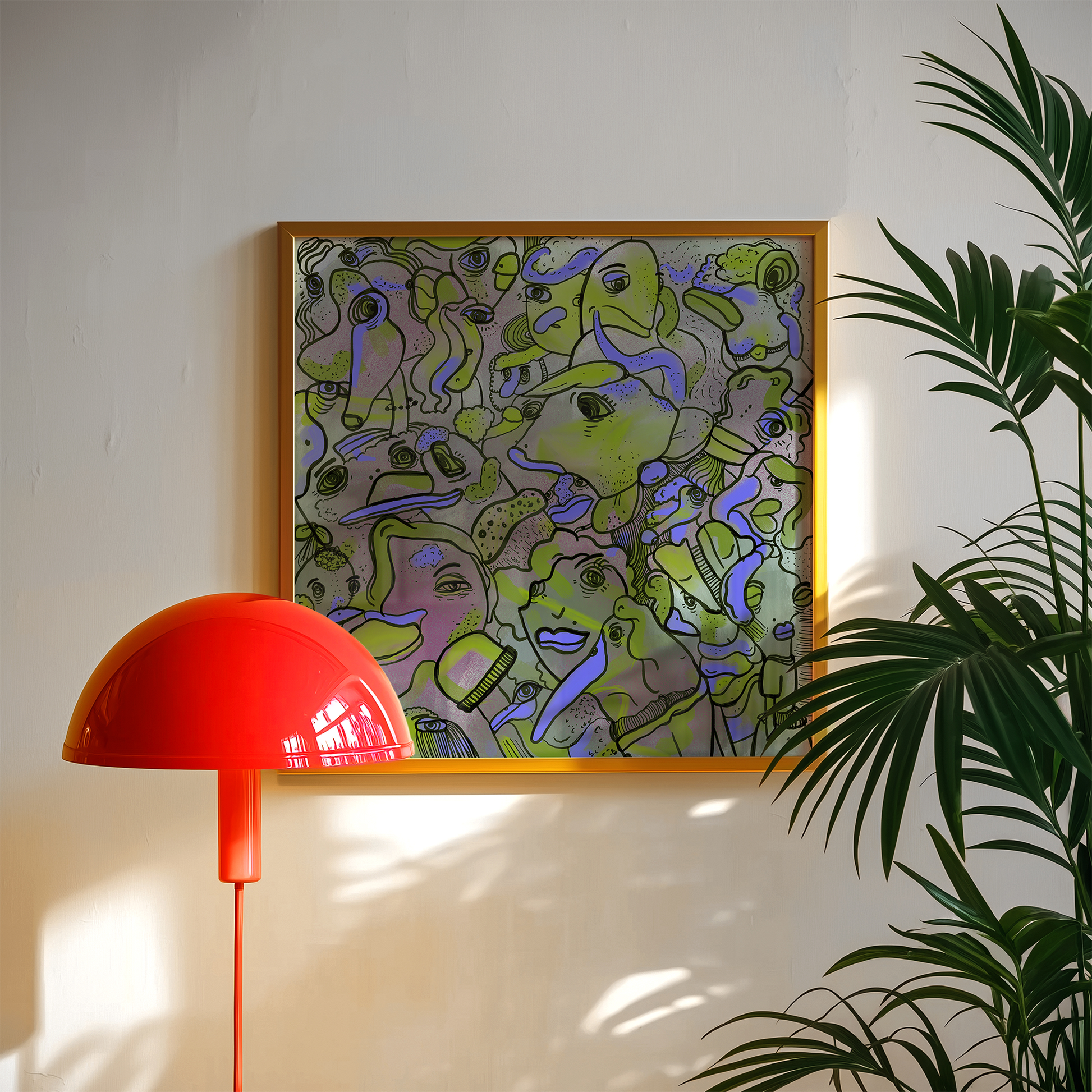 Abstract digital art print with vibrant purple and green, organic patterns and faces expressing different emotions in a golden frame. Made by Studio Thicia Luiza