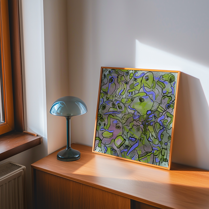 Abstract digital art print with vibrant purple and green, organic patterns and faces expressing different emotions in a timber frame  in a 60s mid century interior design space. Made by Studio Thicia Luiza