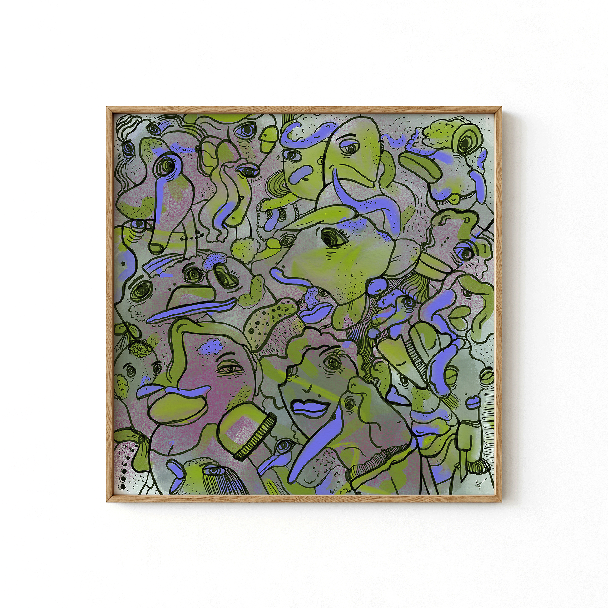 Abstract digital art print with vibrant purple and green, organic patterns and faces expressing different emotions in a timber frame. Made by Studio Thicia Luiza