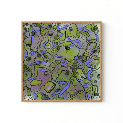 Abstract digital art print with vibrant purple and green, organic patterns and faces expressing different emotions in a timber frame. Made by Studio Thicia Luiza