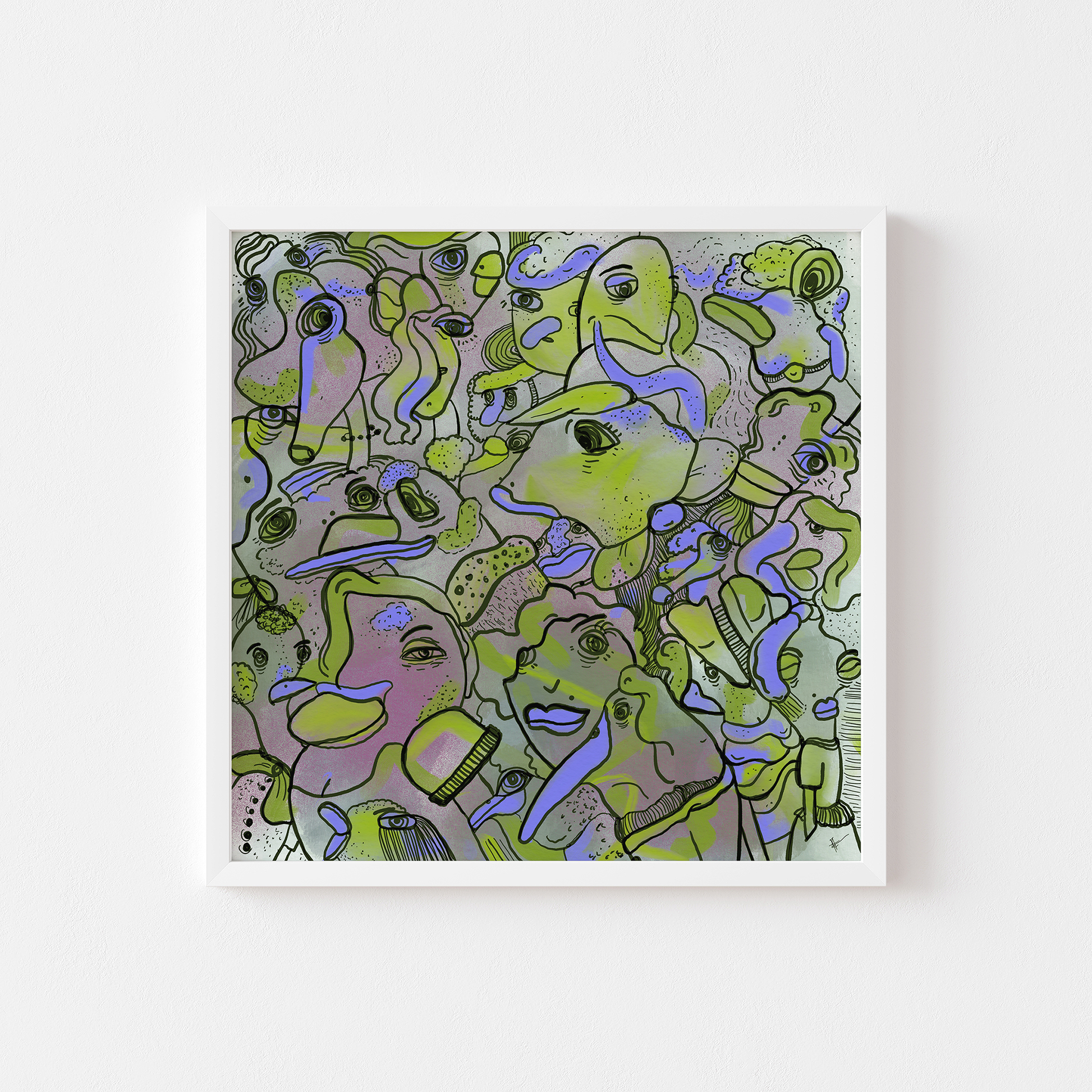 Abstract digital art print with vibrant purple and green, organic patterns and faces expressing different emotions in a white frame. Made by Studio Thicia Luiza