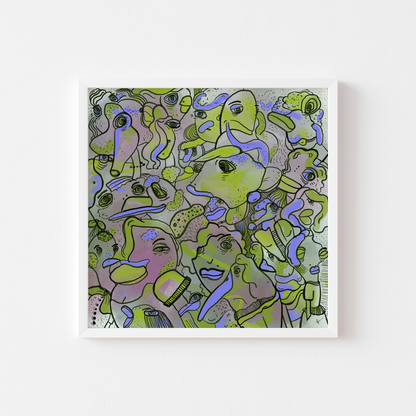 Abstract digital art print with vibrant purple and green, organic patterns and faces expressing different emotions in a white frame. Made by Studio Thicia Luiza