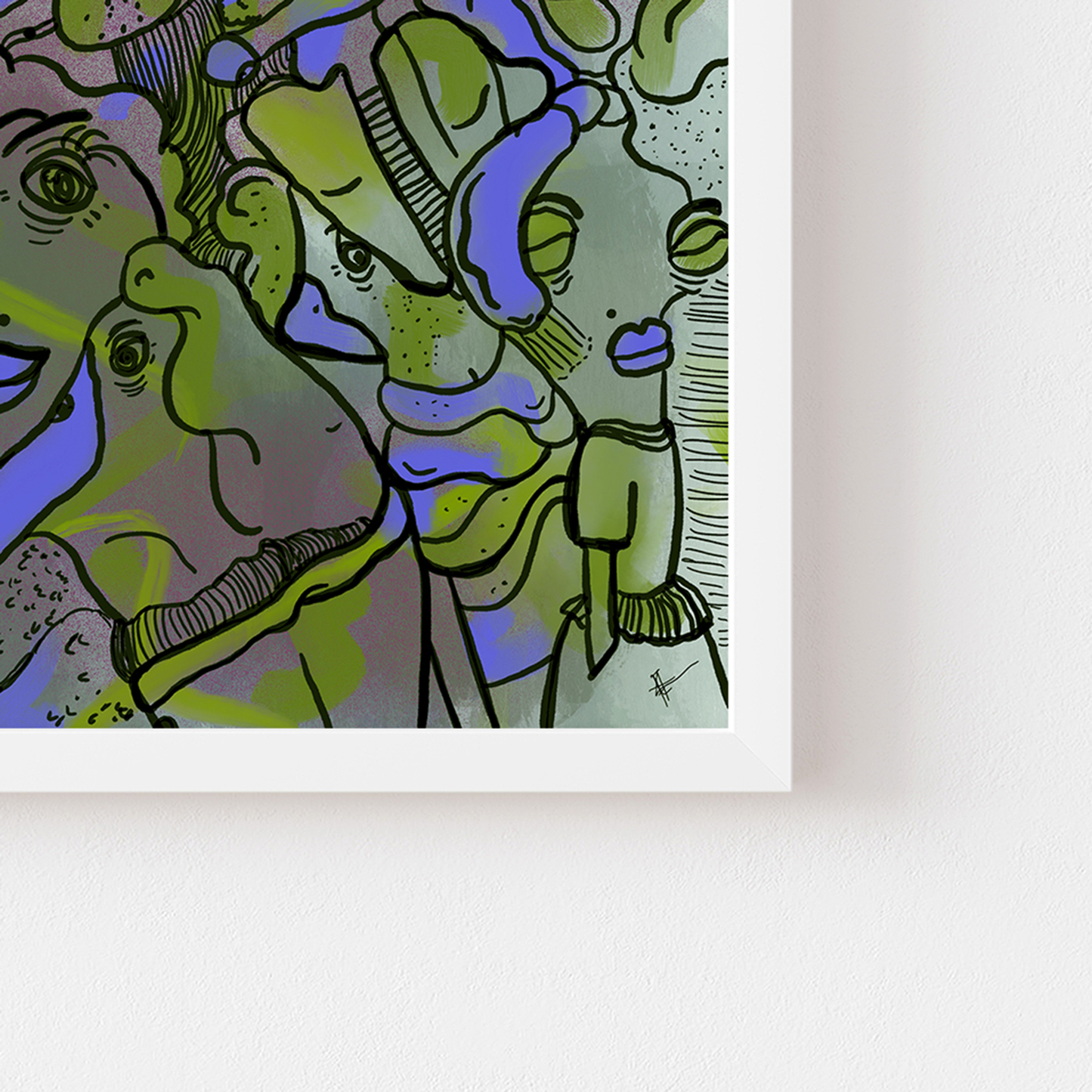 Abstract digital art print with vibrant purple and green, organic patterns and faces expressing different emotions in a white frame, zoomed on signature. Made by Studio Thicia Luiza