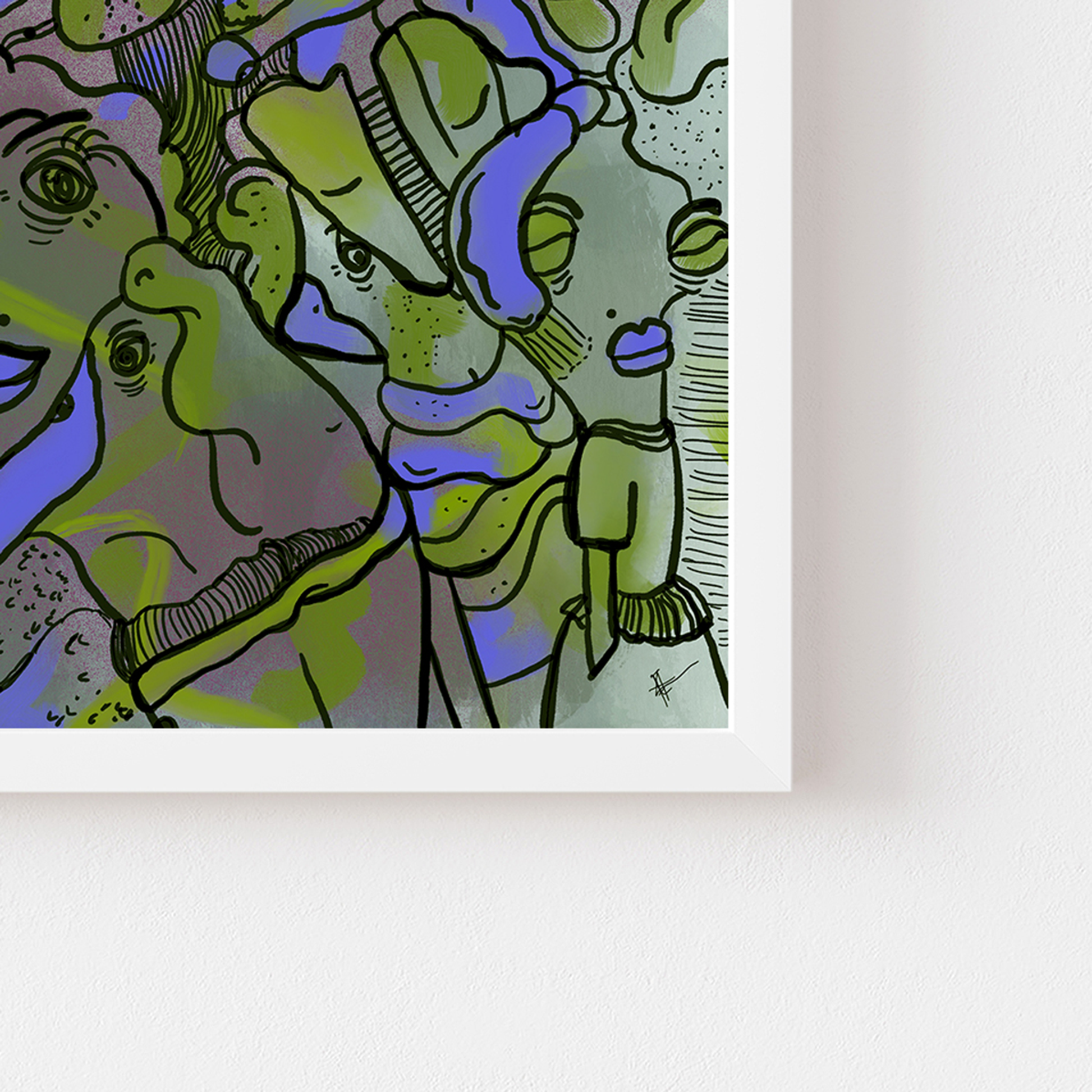Abstract digital art print with vibrant purple and green, organic patterns and faces expressing different emotions in a white frame, zoomed on signature. Made by Studio Thicia Luiza