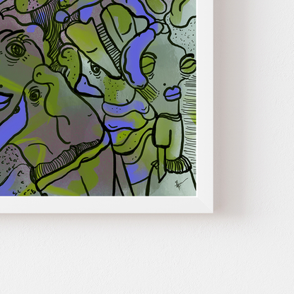 Abstract digital art print with vibrant purple and green, organic patterns and faces expressing different emotions in a white frame, zoomed on signature. Made by Studio Thicia Luiza