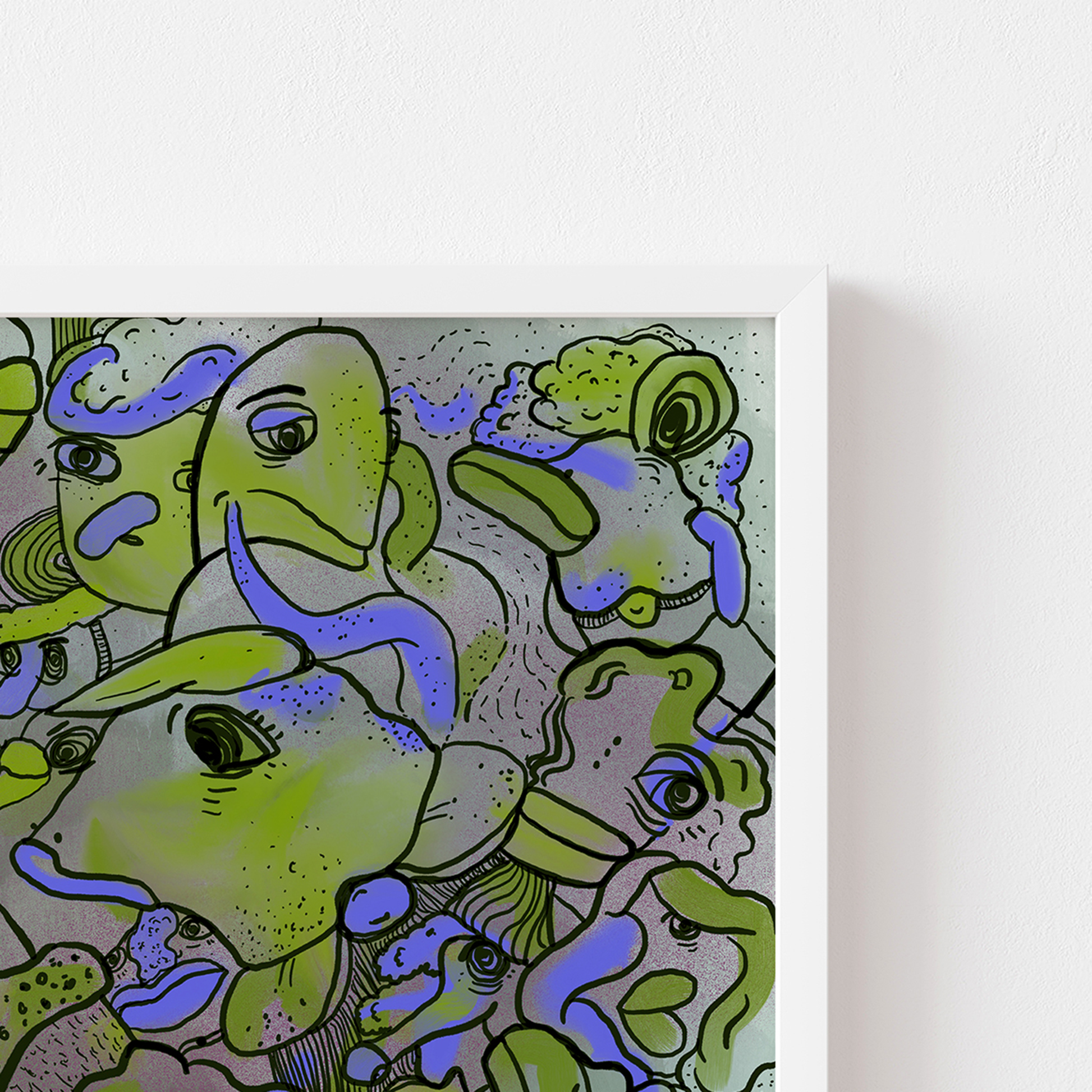 Abstract digital art print with vibrant purple and green, organic patterns and faces expressing different emotions in a white frame. Made by Studio Thicia Luiza