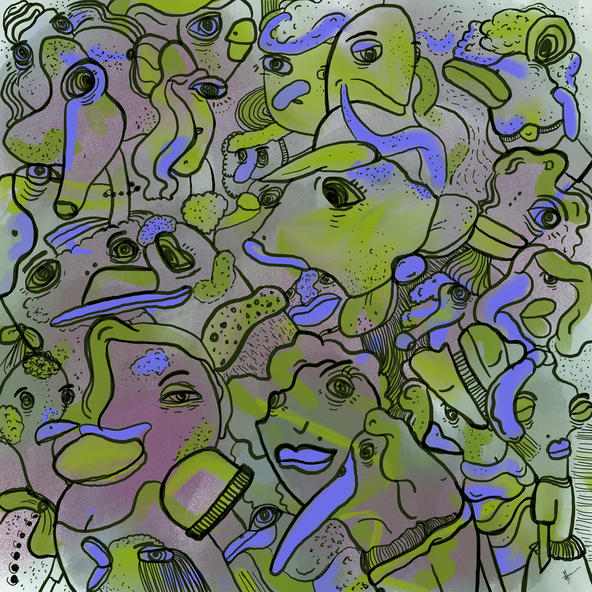 Abstract digital art print with vibrant purple and green, organic patterns and faces expressing different emotions in a golden frame. Made by Studio Thicia Luiza