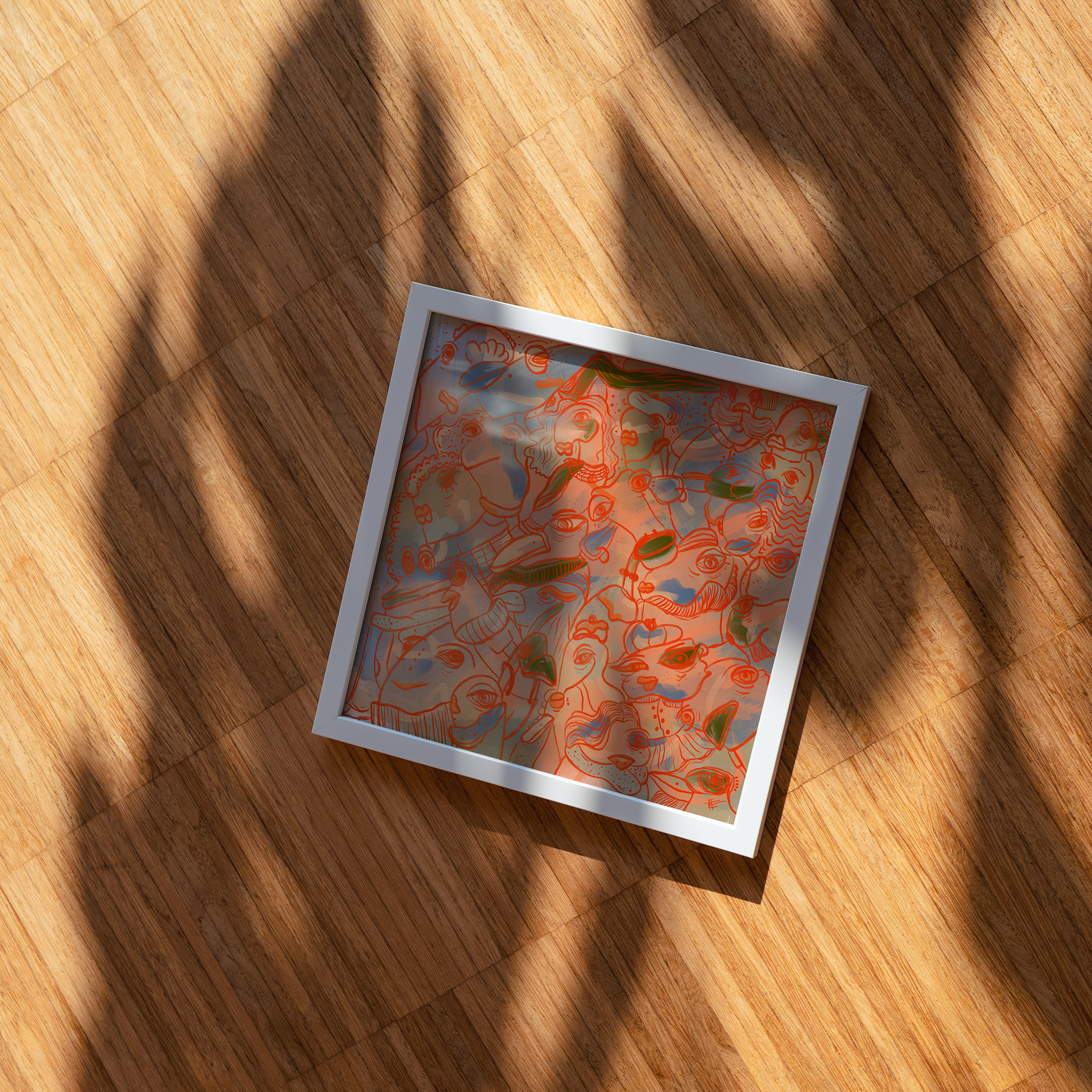 Abstract digital art print with soft pinks, orange, beige and ochre, green and soft blues, organic patterns and faces expressing different emotions in a white frame. Made by Studio Thicia Luiza