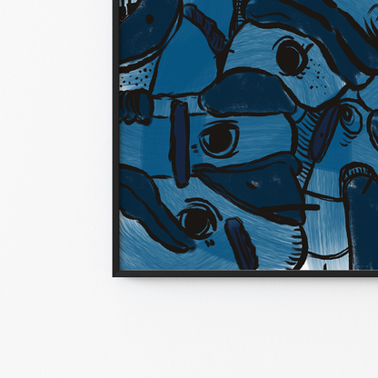Abstract digital art print with vibrant blues, dark and light tones, organic patterns and faces expressing different emotions in a black frame. Made by Studio Thicia Luiza
