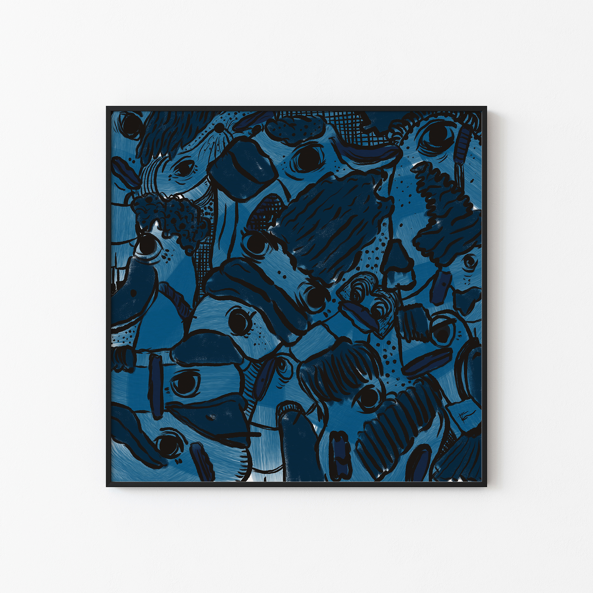 Abstract digital art print with vibrant blues, dark and light tones, organic patterns and faces expressing different emotions in a black frame. Made by Studio Thicia Luiza