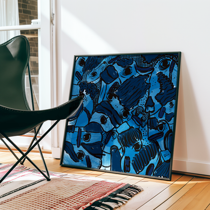Abstract digital art print with vibrant blues, dark and light tones, organic patterns and faces expressing different emotions in a black frame. Made by Studio Thicia Luiza