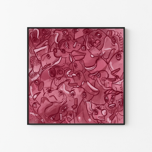Abstract digital art print with vibrant mulberry, burgundy, pinks and dark red colours. Organic patterns and faces expressing different emotions in a black frame. Made by Studio Thicia Luiza
