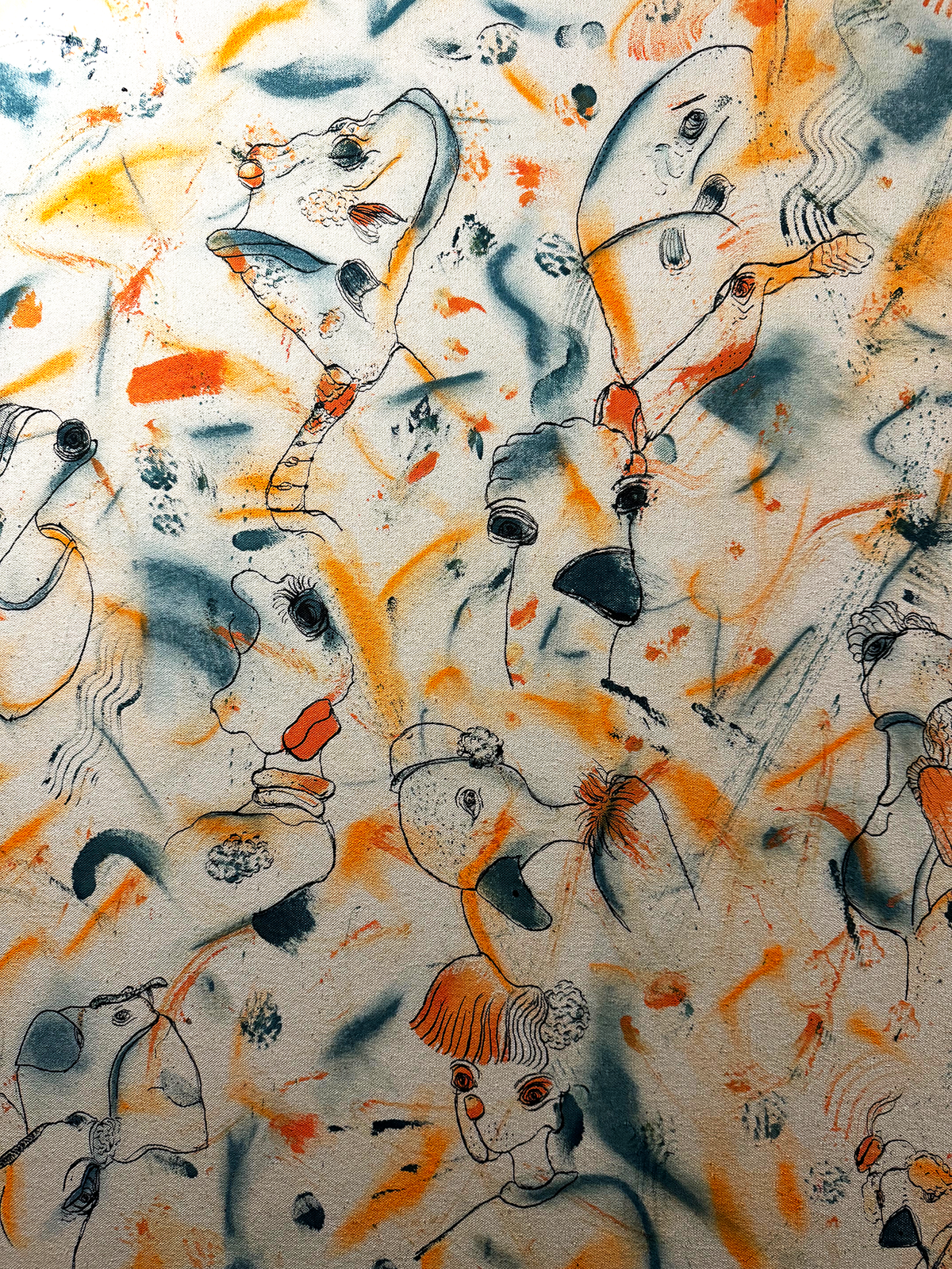 Abstract expressionism artwork on raw cotton canvas. Colours are orange tones, dark and light blue/teal brush strokes. Organic patterns and faces expressing different emotions.  Early stages painting. Made by Studio Thicia Luiza