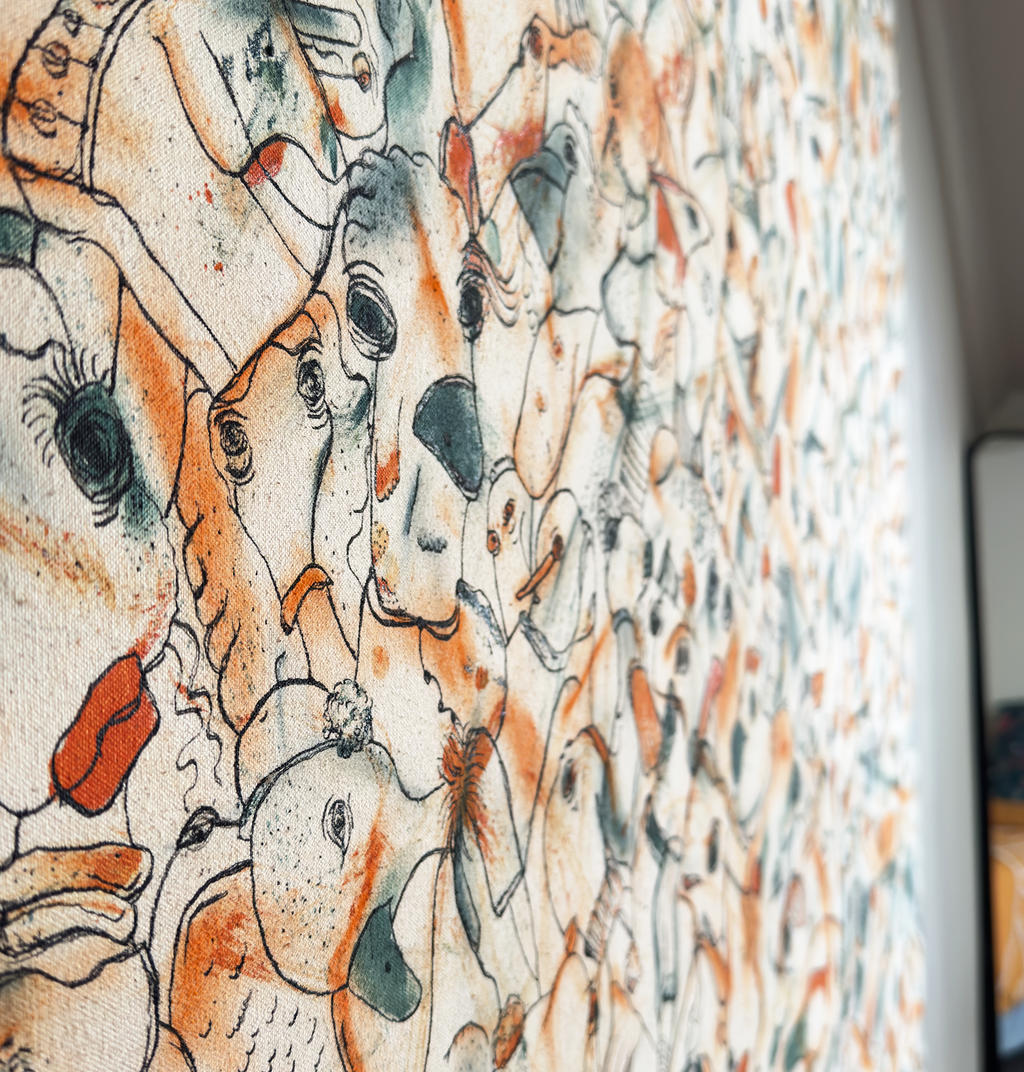 Abstract expressionism artwork on raw cotton canvas. Colours are orange tones, dark and light blue/teal brush strokes. Organic patterns and faces expressing different emotions. Made by Studio Thicia Luiza