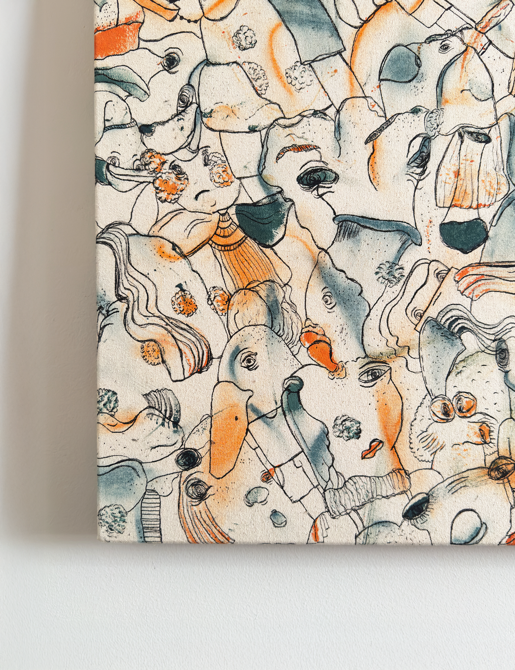 Abstract expressionism artwork on raw cotton canvas. Colours are orange tones, dark and light blue/teal brush strokes. Organic patterns and faces expressing different emotions. Made by Studio Thicia Luiza