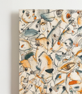 Abstract expressionism artwork on raw cotton canvas. Colours are orange tones, dark and light blue/teal brush strokes. Organic patterns and faces expressing different emotions. Made by Studio Thicia Luiza
