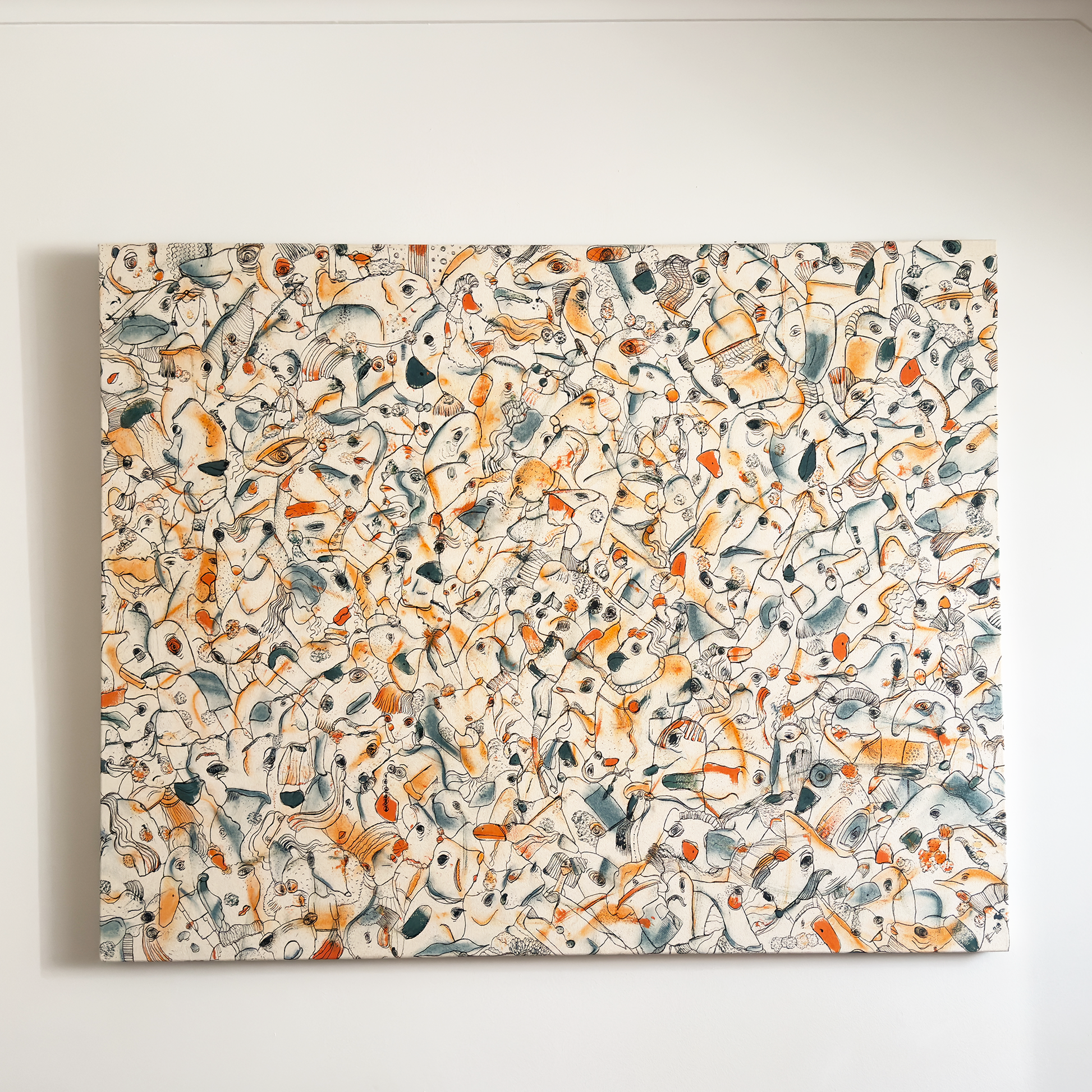 Abstract expressionism artwork on raw cotton canvas. Colours are orange tones, dark and light blue/teal brush strokes. Organic patterns and faces expressing different emotions. Made by Studio Thicia Luiza