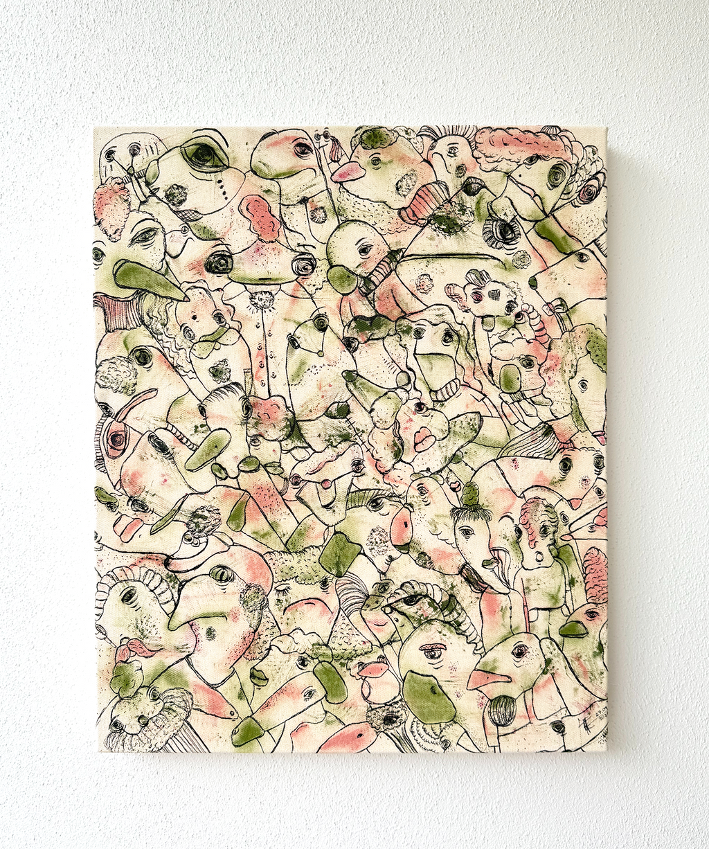 Abstract expressionism artwork on raw cotton canvas. Colours are pink tones, and light green/olive brush strokes. Organic patterns and faces expressing different emotions. Made by Studio Thicia Luiza